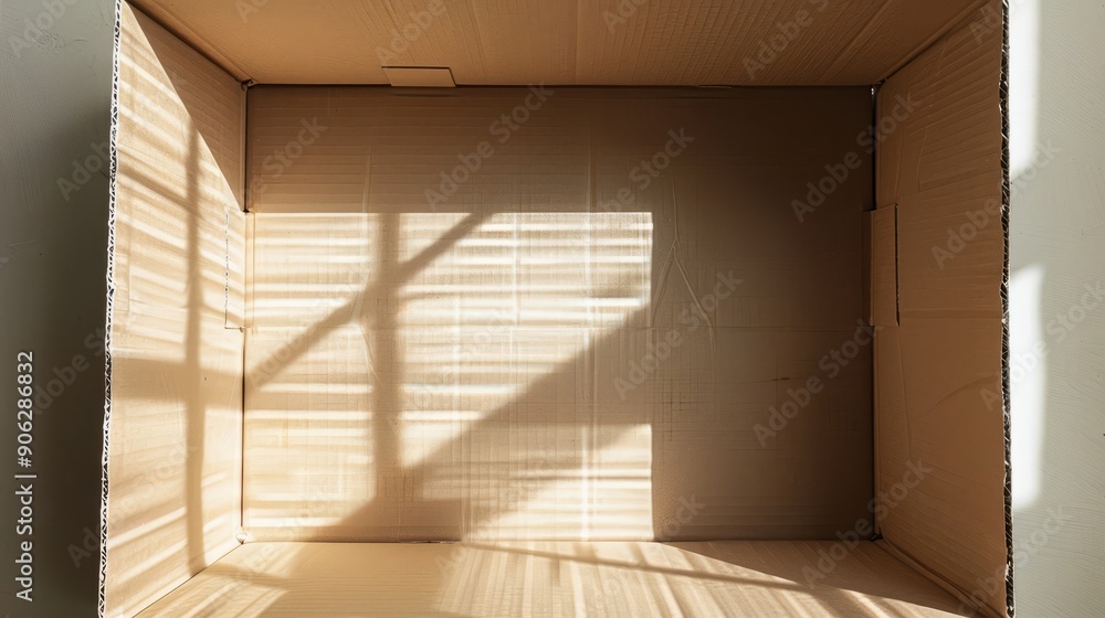Poster top view empty cardboard box with window shadow