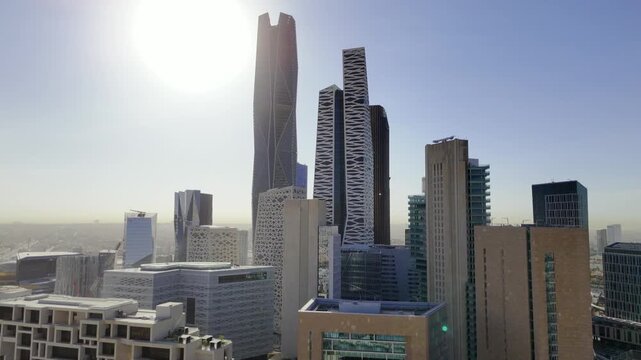Drone view of KAFD in the morning haze Saudi Arabia Riyadh