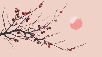 Chinese minimalism illustration, silhouette of a plum branch with plums, flat illustration Chinese illustration on dusty rose background, late summer setting, empty copy space.