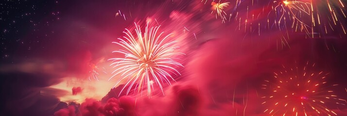 Fototapeta premium Stunning Display of Red Pink and Yellow Fireworks Lighting up the Night Sky
