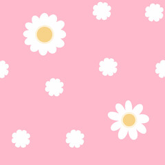 Chamomile flowers seamless pattern. Simple naive flat drawn white flowers scattered on pastel pink background. Kids doodle floral allover print