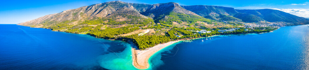 Panorama of famous landmark Zlatni Rat in Europe, croatian travel destination in summertime