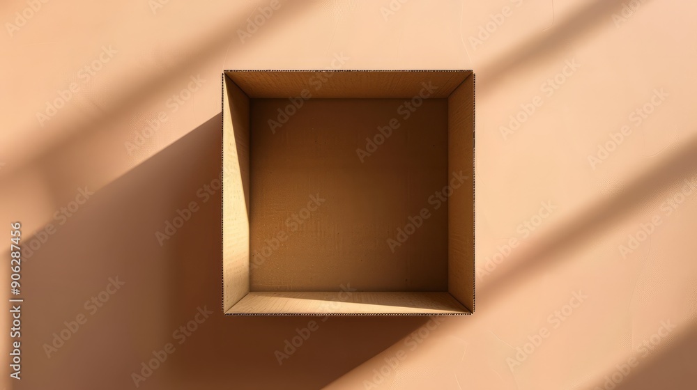 Poster top view empty cardboard box with window shadow