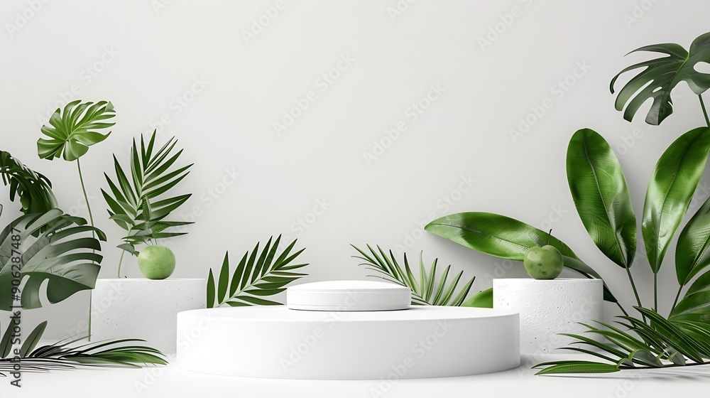 Aufkleber creative concept of minimalism with leaf and plaster podium blank space on white podiums for present