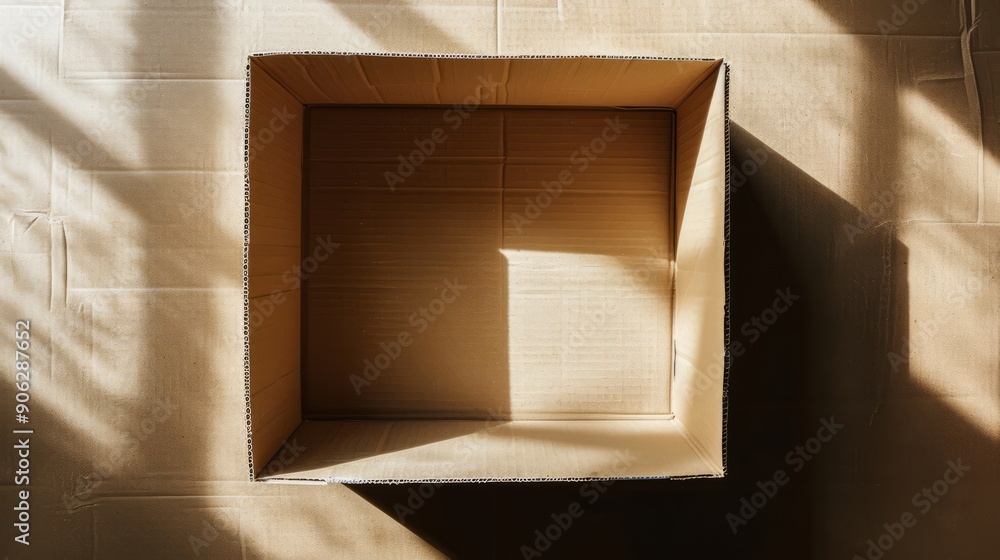 Poster top view empty cardboard box with window shadow