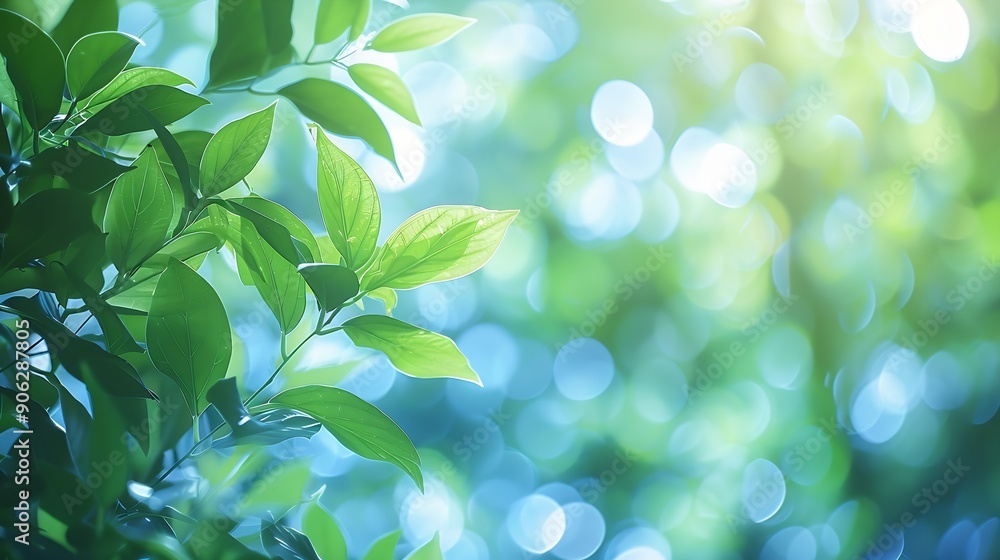 Aufkleber summer background of blue and green blurred foilage and sky with bright bokeh blurry abstract summer