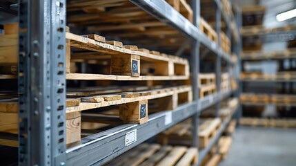 Metal warehouse shelves Modern logistics warehouse Shelves for storing goods and goods Empty shelves with wooden pallets Cargo storage : Generative AI