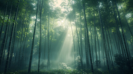 Lush Green Bamboo Forest Under Soft Sunlight With Misty Atmosphere in Early Morning. Generative AI