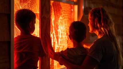 A family preparing for a hurricane by boarding up windows and securing their home