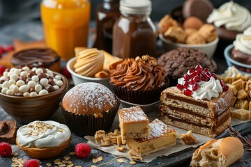 Diverse Array of Foods Unsuited for Allergies on a Dining Table, Conceptualizing High Allergen Cross-Contamination and Unsafe Food Options.