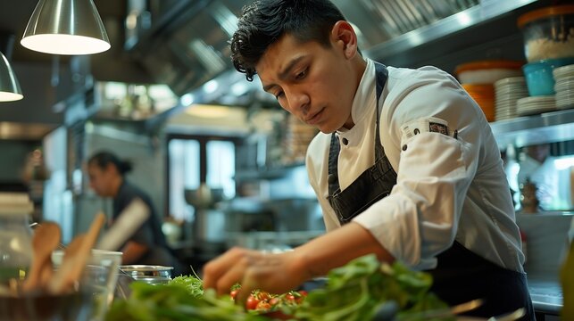 A young Mexican chef is cooking inside a modern restaurant kitchenThe Latin man is making a salad for a diners menuConcept of an American chef in a haute cuisine : Generative AI