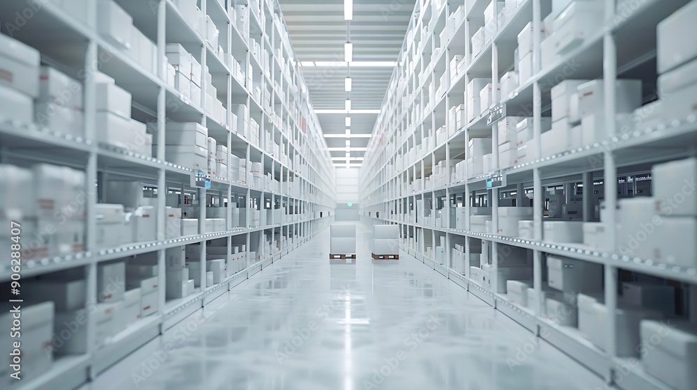 Poster rows of shelves with boxes in the factory warehouse a perfectly white clean warehouse smooth boxes s