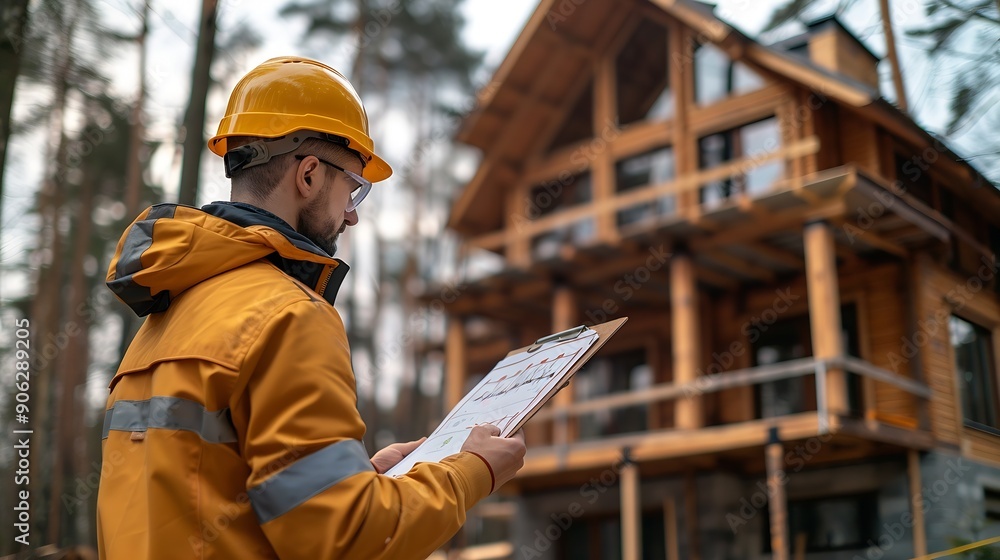 Poster Worker building wooden twostory house near the forest Man in work clothes and hard hat reviewing the construction plan The aim is to implement modern environmentallyfriendly constructi : Generative AI