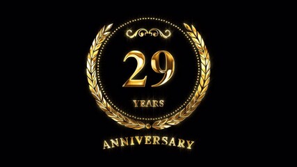 29th Anniversary Celebration. Happy 29 Years Anniversary Animation in Gold Color on the Transparent Background, Alpha Channel. Great for greetings, celebrations, events, and gifts.