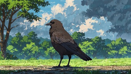 Fototapeta premium crow in nature scene background anime cartooon closeup portrait retro facing forward