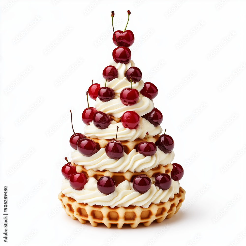 Sticker Christmas tree made of stacked waffles, topped with whipped cream and cherries, isolated on white 