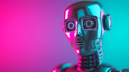 Close-up of a retro-futuristic robot with chrome finish and LED eyes, set against a gradient background of teal and pink 
