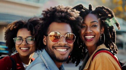 Diverse group of young friends smiling outdoors, joyful social gathering