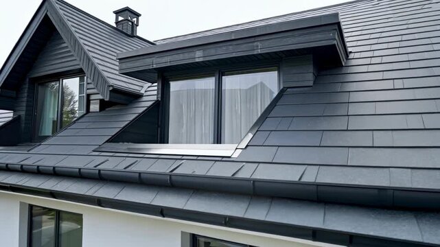 Modern house roof with gray slate tiles and dormer windows, contemporary architecture