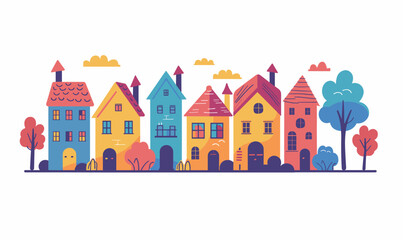 Fototapeta premium Colorful cartoon style row houses, trees, cheerful urban neighborhood, playful cityscape drawing. Rows whimsical buildings vibrant colors, residential street, happy community town illustration