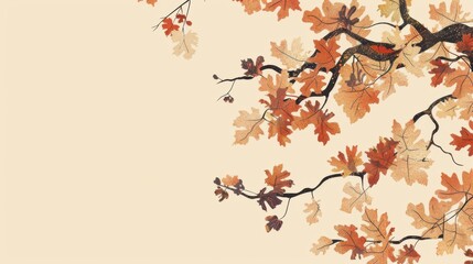 Chinese minimalism illustration, silhouette of an oak leaf border, flat illustration Chinese illustration on warm beige background, autumn setting, empty copy space 