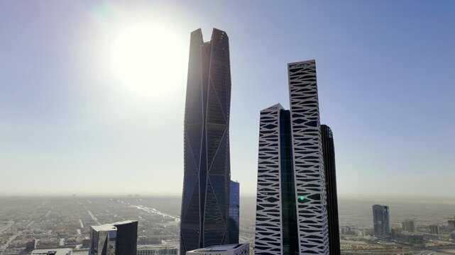 Drone view of KAFD in the morning haze Saudi Arabia Riyadh