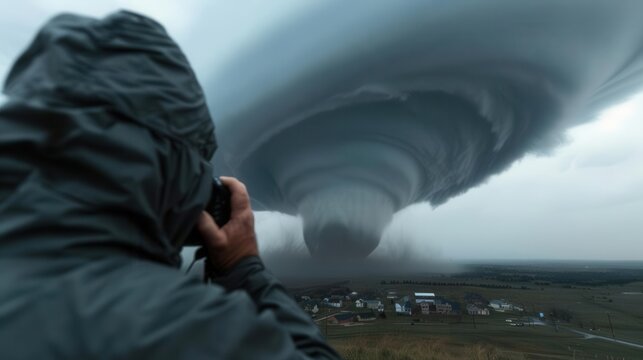 A storm chaser photographing a massive tornado approaching a small town
