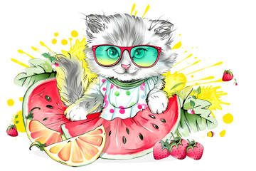 Fototapeta premium A cat wearing glasses and a pink dress sits on top of a watermelon. The cat is surrounded by fruit, including a strawberry and an orange. The image has a playful and whimsical mood
