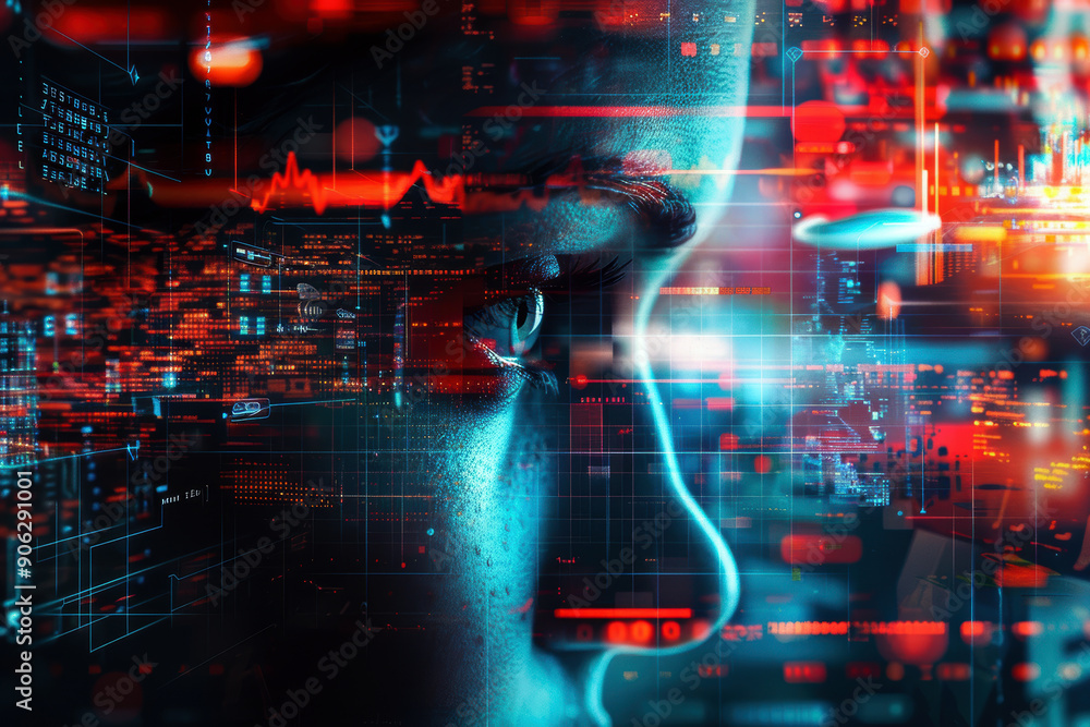 Poster a computer generated face with a red eye and a blue nose. the face is surrounded by a colorful backg