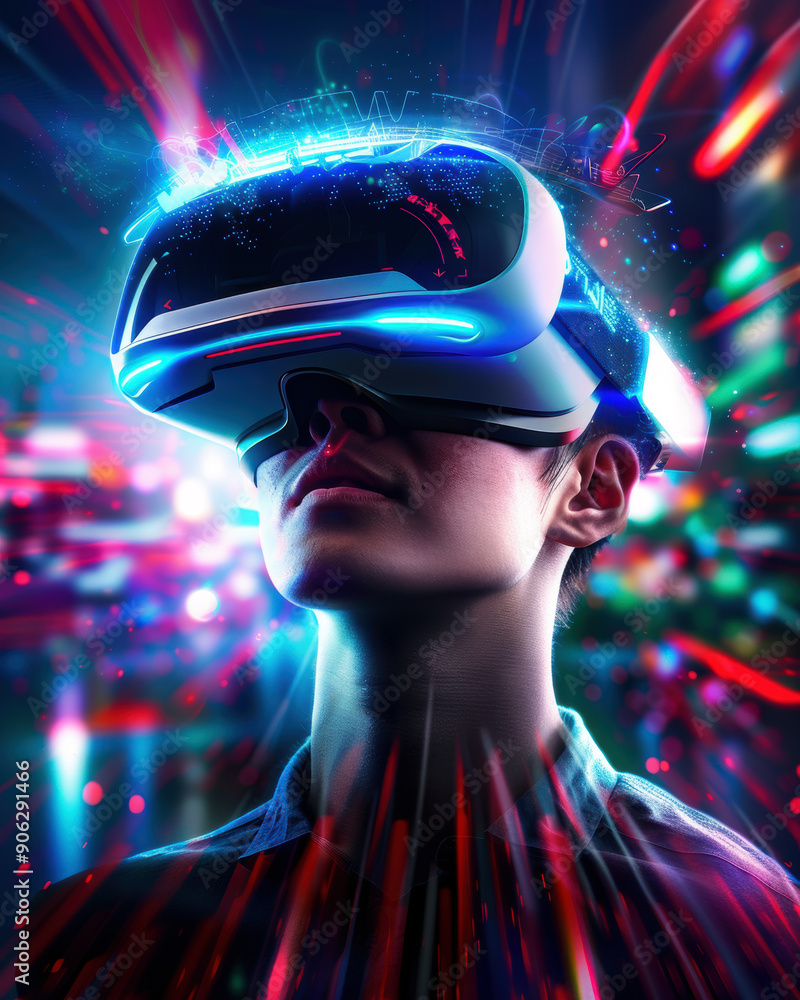 Poster a man is wearing a virtual reality headset and looking at the camera. the image is a colorful and vi