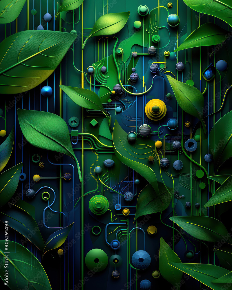 Aufkleber a green leafy background with a lot of small green and blue objects. the objects are arranged in a w