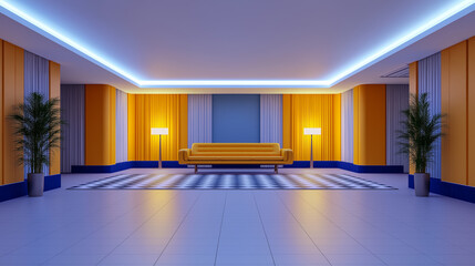 Retro-futuristic home interior with 1960s design elements and advanced technology, wide-angle view of a living room 