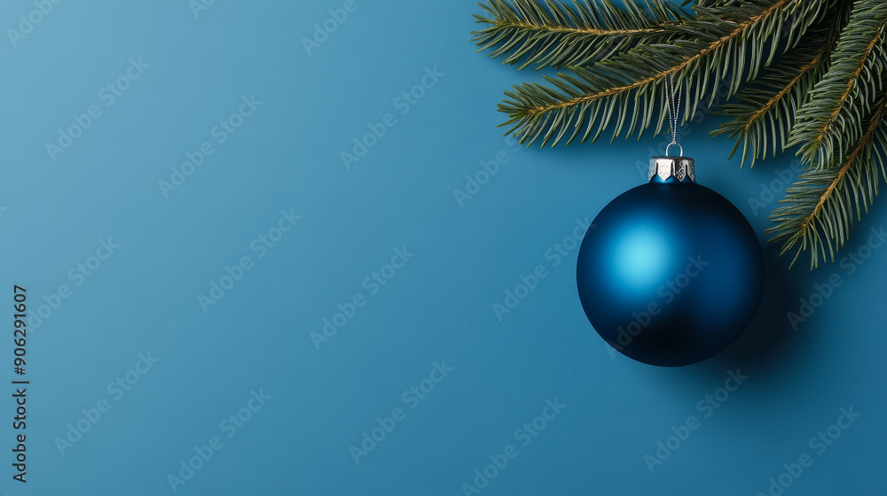 Poster simple background with a blue ornament, subtle pine branch at the top, soft gradient backdrop, ample