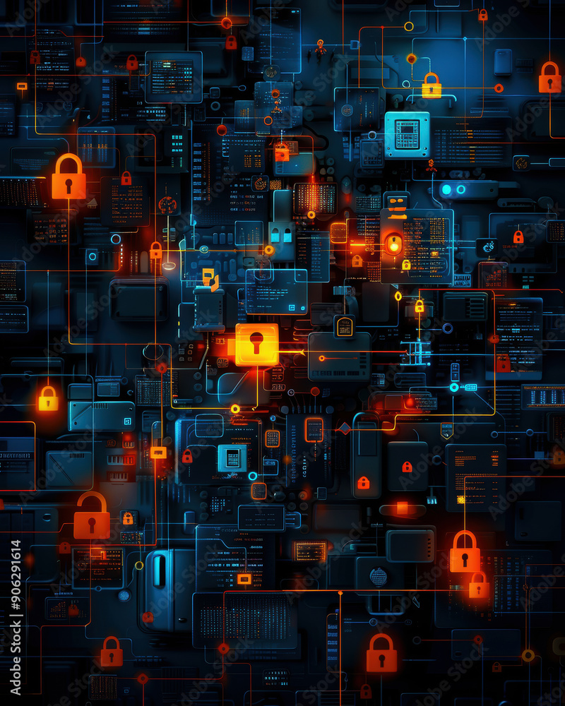 Poster a colorful image of a cityscape with many locks and keys. scene is one of complexity and security