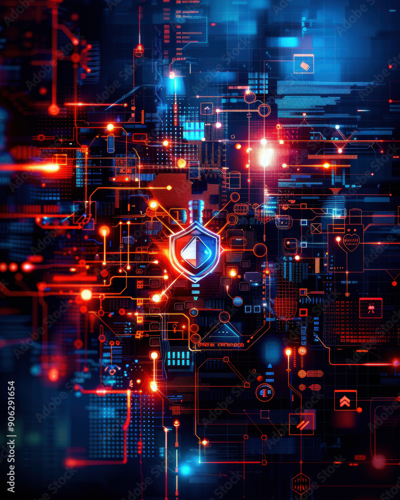 Poster a computer screen with a blue shield on it. the shield is surrounded by a red and blue background