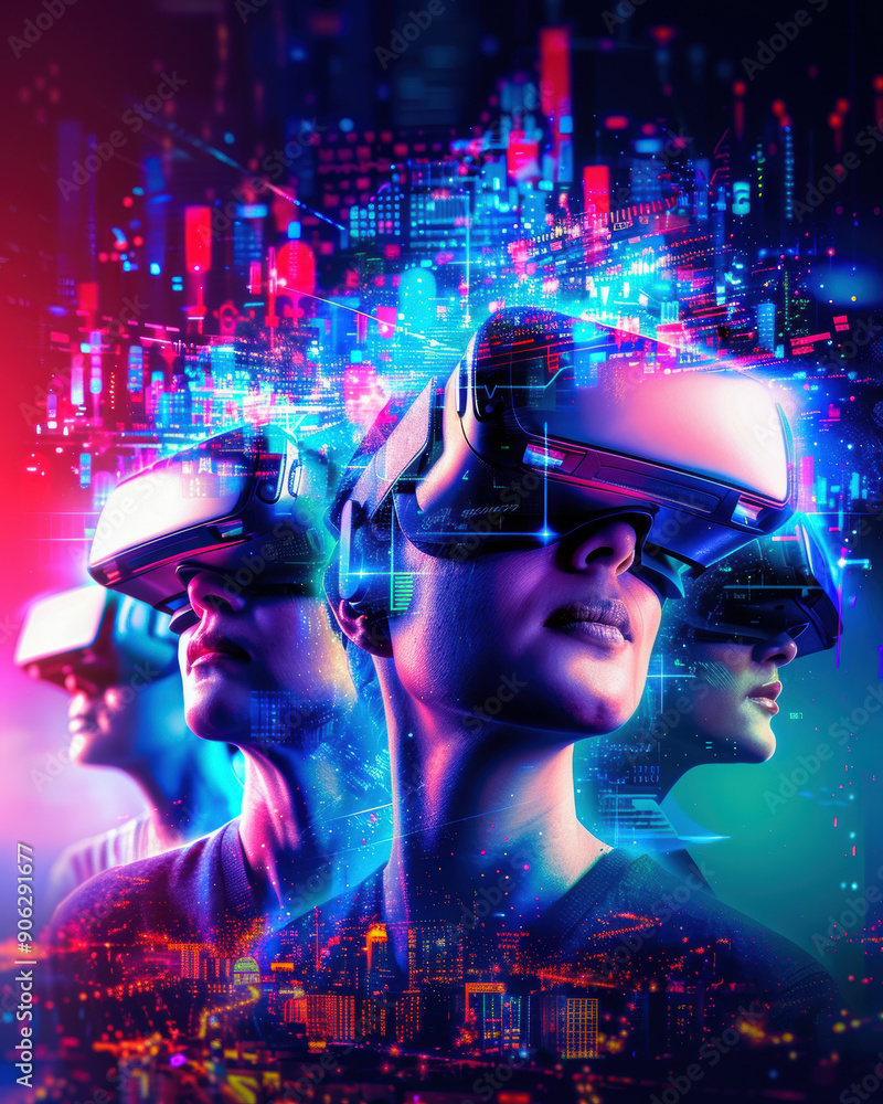 Aufkleber a man is wearing a virtual reality headset and standing in front of a cityscape. the image is a repr