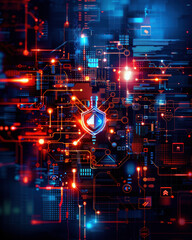 Obraz premium A computer screen with a blue shield on it. The shield is surrounded by a red and blue background