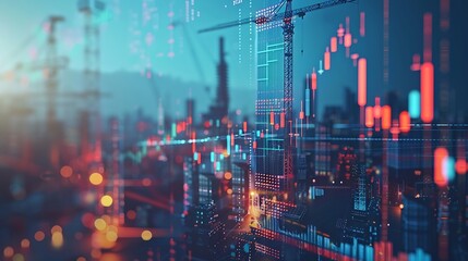 Image of financial data processing over crane and construction site global development business finance digital interface and data processing concept digitally generated image : Generative AI