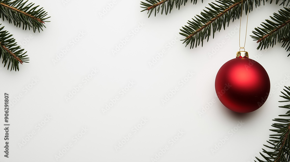 Sticker Simple white background with a red and gold ornament, pine needles framing the top left corner, ample space for text 