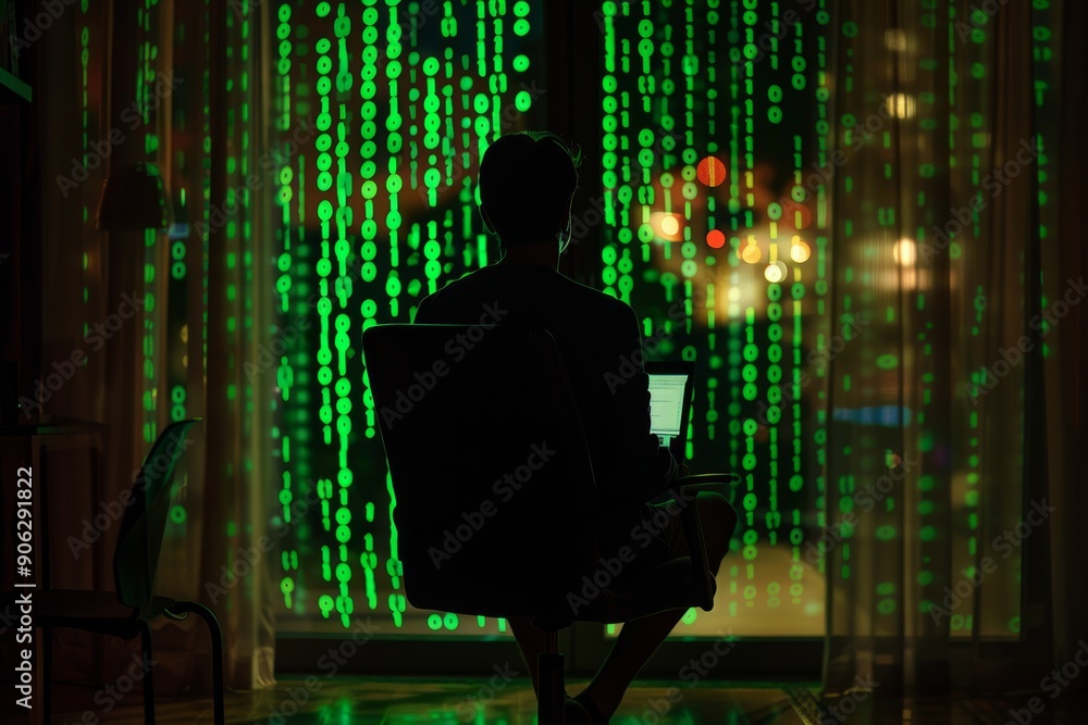 Poster silhouette of programmer working late in office, cybersecurity code on laptop screen