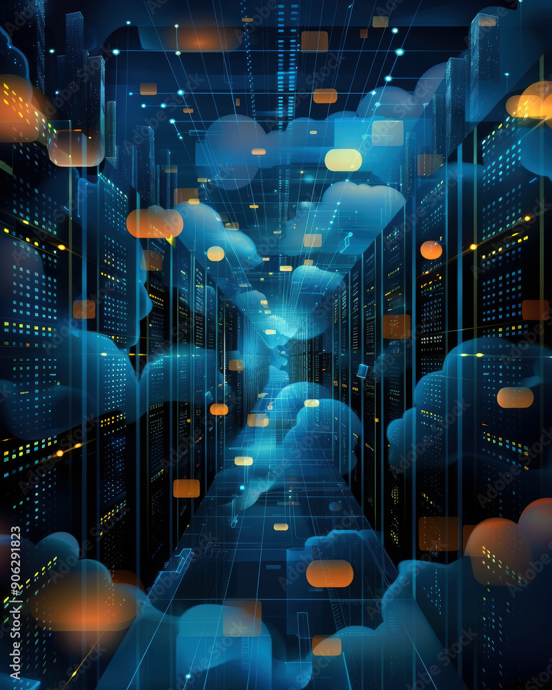Poster a computer network with many servers and clouds. concept of technology and complexity