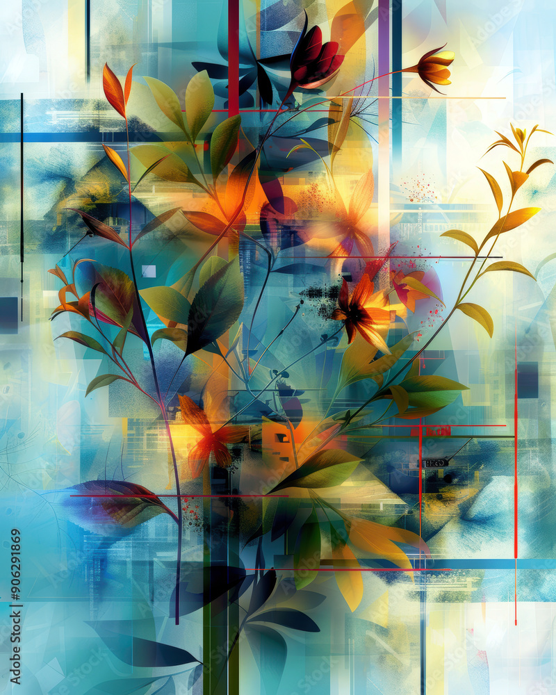 Poster a painting of a tree with leaves in various colors. the painting is abstract and has a lot of differ