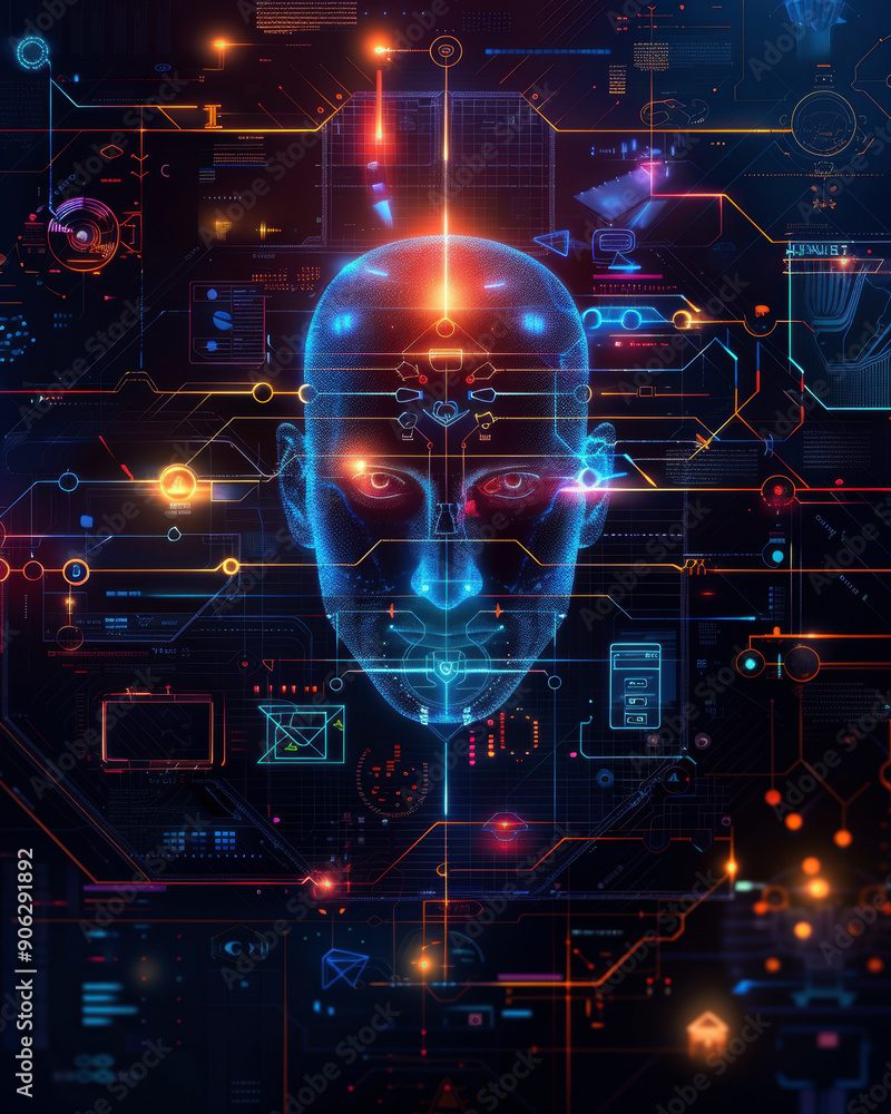 Aufkleber a computer generated image of a head with a face and a brain. the head is surrounded by a network of