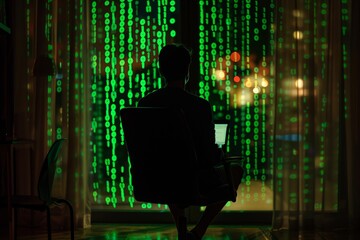Silhouette of programmer working late in office, cybersecurity code on laptop screen