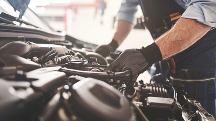 Obraz premium Experienced mechanic working on car engine in a contemporary and well equipped auto repair workshop