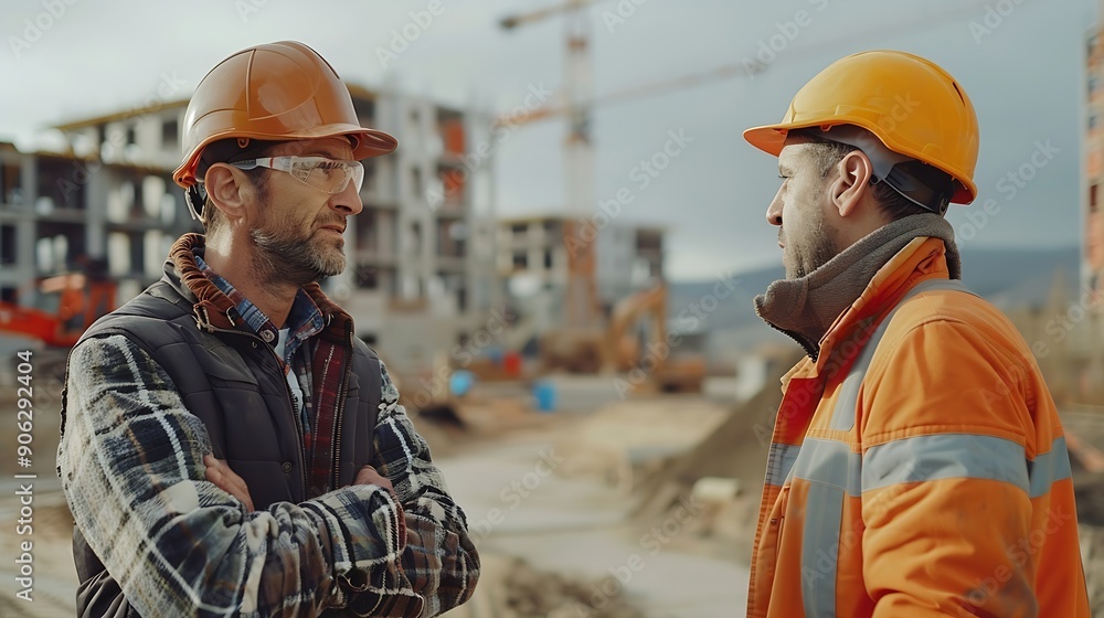 Poster Engineer and foreman worker checking project at precast factory site Engineer and builders in hardhats discussing on construction site : Generative AI