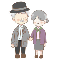 an elderly couple holding hands, cartoon style