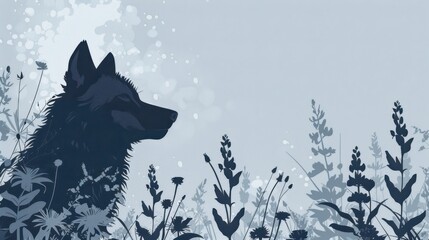 Chinese minimalism illustration, silhouette portrait of a wolf, flat illustration Chinese figure illustration on muted silver background, surrounded by lupines, forest setting, empty copy space 