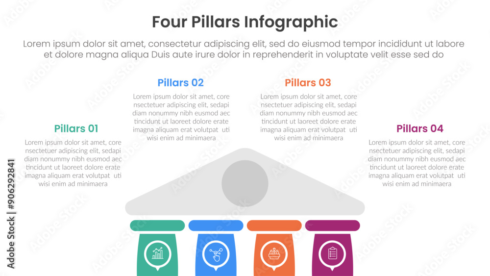 Poster four pillars framework with ancient classic construction infographic with 4 point stage template wit