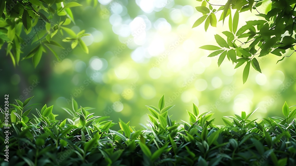 Poster blurred photogreen tree background view of the wild grass lawn light sky : generative ai